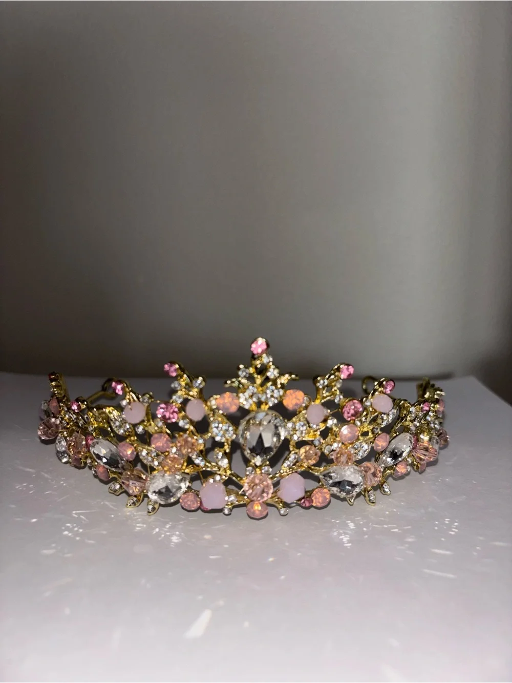 Gold Princess Tiara Crown with Pink and Silver Gems Hair Accessory